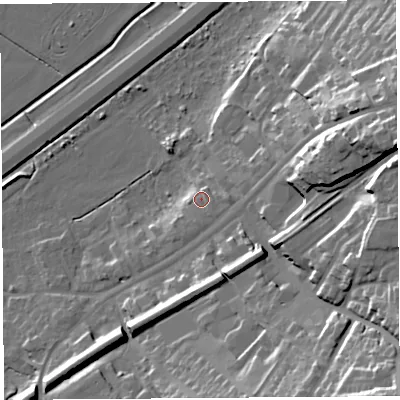 Shaded relief map of the ground around WA67AE, computed from Environment Agency LiDAR. The ground here sits at about 10 m above sea level and falls 35 m across the surrounding 800 m. Surface water reaching this point runs off ground lying to the south-east, 1.3 m higher.