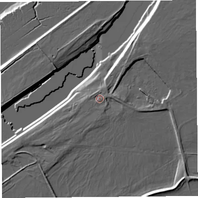 Shaded relief map of the ground around WA67BQ, computed from Environment Agency LiDAR. The ground here sits at about 12 m above sea level and falls 15 m across the surrounding 800 m. Surface water reaching this point runs off ground lying to the east-north-east, 1.5 m higher.