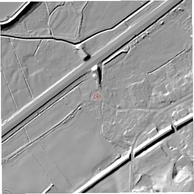 Shaded relief map of the ground around WA67BT, computed from Environment Agency LiDAR. The ground here sits at about 6 m above sea level and falls 24 m across the surrounding 800 m. Surface water reaching this point runs off ground lying to the south-east, 4.5 m higher.