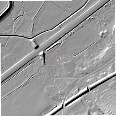 Shaded relief map of the ground around WA67BX, computed from Environment Agency LiDAR. The ground here sits at about 6 m above sea level and falls 21 m across the surrounding 800 m. Surface water reaching this point runs off ground lying to the south-south-east, 3.9 m higher.