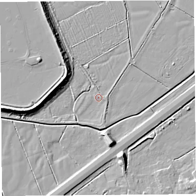 Shaded relief map of the ground around WA67DZ, computed from Environment Agency LiDAR. The ground here sits at about 5 m above sea level and falls 11 m across the surrounding 800 m. Surface water reaching this point runs off ground lying to the south, 2.2 m higher.