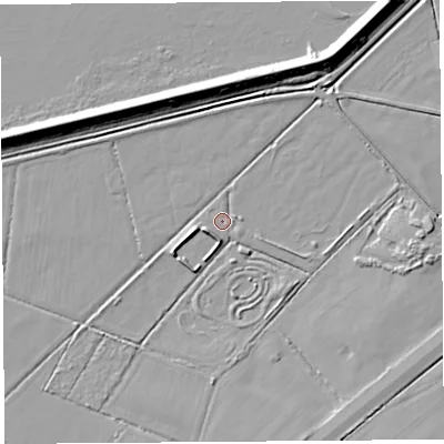 Shaded relief map of the ground around WA67GQ, computed from Environment Agency LiDAR. The ground here sits at about 4 m above sea level and falls 10 m across the surrounding 800 m. Surface water reaching this point runs off ground lying to the east-north-east, 2.7 m higher.