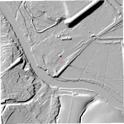 Shaded relief map of the ground around WA67JA, computed from Environment Agency LiDAR. The ground here sits at about 6 m above sea level and falls 37 m across the surrounding 800 m. Surface water reaching this point runs off ground lying to the south-south-west, 4.6 m higher.