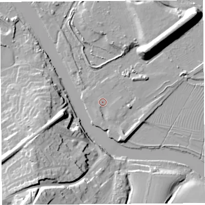 Shaded relief map of the ground around WA67JB, computed from Environment Agency LiDAR. The ground here sits at about 7 m above sea level and falls 34 m across the surrounding 800 m. Surface water reaching this point runs off ground lying to the south, 1.8 m higher.