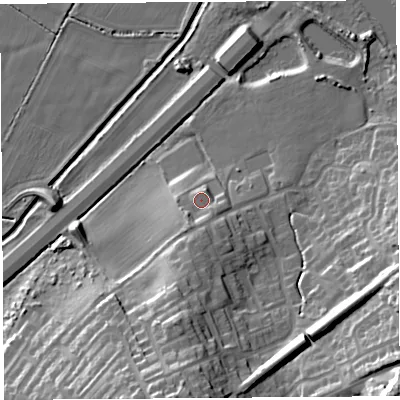 Shaded relief map of the ground around WA67PZ, computed from Environment Agency LiDAR. The ground here sits at about 13 m above sea level and falls 35 m across the surrounding 800 m. Surface water reaching this point runs off ground lying to the south-south-west, 5.0 m higher.
