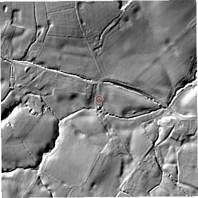 Shaded relief map of the ground around WA68HU, computed from Environment Agency LiDAR. The ground here sits at about 16 m above sea level and falls 12 m across the surrounding 800 m. Surface water reaching this point runs off ground lying to the south-west, 7.9 m higher.