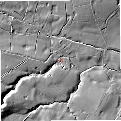 Shaded relief map of the ground around WA68HX, computed from Environment Agency LiDAR. The ground here sits at about 18 m above sea level and falls 12 m across the surrounding 800 m. Surface water reaching this point runs off ground lying to the west-south-west, 9.2 m higher.