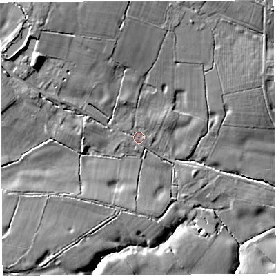 Shaded relief map of the ground around WA68HZ, computed from Environment Agency LiDAR. The ground here sits at about 20 m above sea level and falls 14 m across the surrounding 800 m. Surface water reaching this point runs off ground lying to the north-north-west, 9.3 m higher.