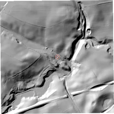 Shaded relief map of the ground around WA69EG, computed from Environment Agency LiDAR. The ground here sits at about 51 m above sea level and falls 60 m across the surrounding 800 m. Surface water reaching this point runs off ground lying to the north-north-west, 43.6 m higher.