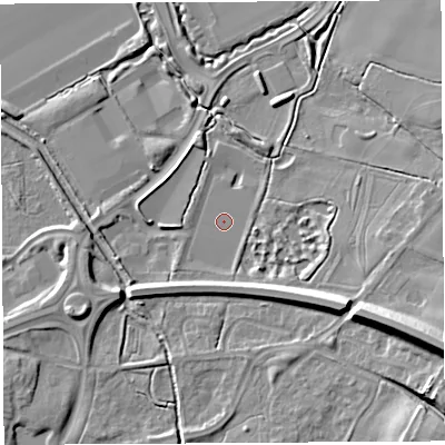 Shaded relief map of the ground around WA71DT, computed from Environment Agency LiDAR. The ground here sits at about 6 m above sea level and falls 16 m across the surrounding 800 m. Surface water reaching this point runs off ground lying to the south, 3.7 m higher.