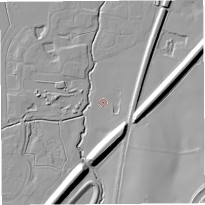 Shaded relief map of the ground around WA71DY, computed from Environment Agency LiDAR. The ground here sits at about 10 m above sea level and falls 22 m across the surrounding 800 m. Surface water reaching this point runs off ground lying to the south, 15.0 m higher.