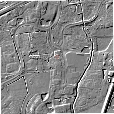 Shaded relief map of the ground around WA71EA, computed from Environment Agency LiDAR. The ground here sits at about 8 m above sea level and falls 10 m across the surrounding 800 m. Surface water reaching this point runs off ground lying to the south, 1.0 m higher.