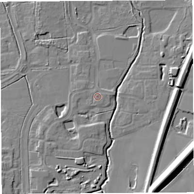Shaded relief map of the ground around WA71EB, computed from Environment Agency LiDAR. The ground here sits at about 9 m above sea level and falls 18 m across the surrounding 800 m. Surface water reaching this point runs off ground lying to the south-south-west, 0.8 m higher.