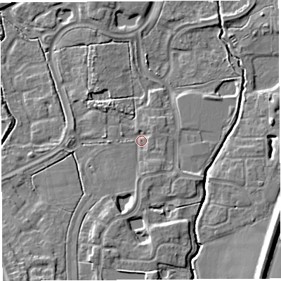 Shaded relief map of the ground around WA71FY, computed from Environment Agency LiDAR. The ground here sits at about 8 m above sea level and falls 10 m across the surrounding 800 m. Surface water reaching this point runs off ground lying to the south, 2.6 m higher.