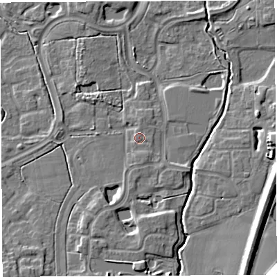 Shaded relief map of the ground around WA71FZ, computed from Environment Agency LiDAR. The ground here sits at about 9 m above sea level and falls 17 m across the surrounding 800 m. Surface water reaching this point runs off ground lying to the south, 1.1 m higher.