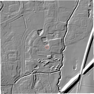Shaded relief map of the ground around WA71HY, computed from Environment Agency LiDAR. The ground here sits at about 10 m above sea level and falls 19 m across the surrounding 800 m. Surface water reaching this point runs off ground lying to the north-north-east, 2.8 m higher.