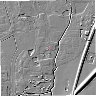 Shaded relief map of the ground around WA71HZ, computed from Environment Agency LiDAR. The ground here sits at about 9 m above sea level and falls 18 m across the surrounding 800 m. Surface water reaching this point runs off ground lying to the south-west, 0.8 m higher.
