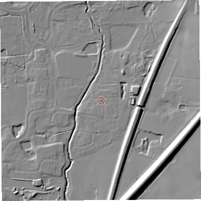 Shaded relief map of the ground around WA71JB, computed from Environment Agency LiDAR. The ground here sits at about 9 m above sea level and falls 18 m across the surrounding 800 m. Surface water reaching this point runs off ground lying to the south-east, 1.0 m higher.