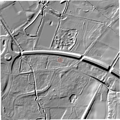 Shaded relief map of the ground around WA71NR, computed from Environment Agency LiDAR. The ground here sits at about 8 m above sea level and falls 18 m across the surrounding 800 m. Surface water reaching this point runs off ground lying to the east, 13.7 m higher.