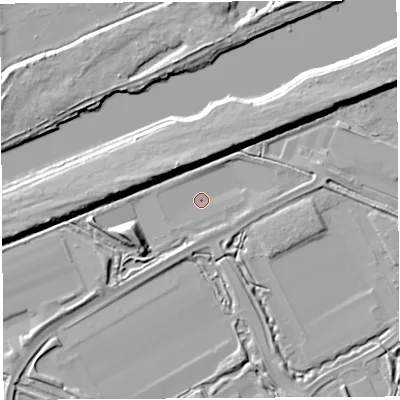Shaded relief map of the ground around WA71NT, computed from Environment Agency LiDAR. The ground here sits at about 5 m above sea level and falls 9 m across the surrounding 800 m. Surface water reaching this point runs off ground lying to the west-south-west, 7.5 m higher.