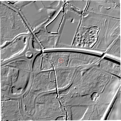 Shaded relief map of the ground around WA71NY, computed from Environment Agency LiDAR. The ground here sits at about 7 m above sea level and falls 14 m across the surrounding 800 m. Surface water reaching this point runs off ground lying to the east-south-east, 1.9 m higher.
