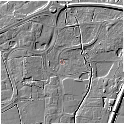 Shaded relief map of the ground around WA71QD, computed from Environment Agency LiDAR. The ground here sits at about 6 m above sea level and falls 10 m across the surrounding 800 m. Surface water reaching this point runs off ground lying to the south-south-west, 3.8 m higher.