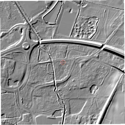 Shaded relief map of the ground around WA71QE, computed from Environment Agency LiDAR. The ground here sits at about 7 m above sea level and falls 15 m across the surrounding 800 m. Surface water reaching this point runs off ground lying to the east, 2.9 m higher.