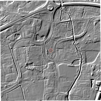 Shaded relief map of the ground around WA71QJ, computed from Environment Agency LiDAR. The ground here sits at about 7 m above sea level and falls 10 m across the surrounding 800 m. Surface water reaching this point runs off ground lying to the south, 3.7 m higher.