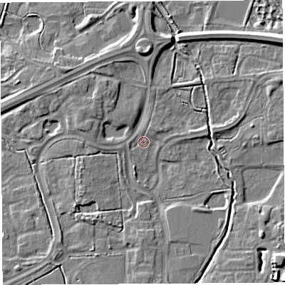 Shaded relief map of the ground around WA71QL, computed from Environment Agency LiDAR. The ground here sits at about 7 m above sea level and falls 9 m across the surrounding 800 m. Surface water reaching this point runs off ground lying to the north, 4.9 m higher.