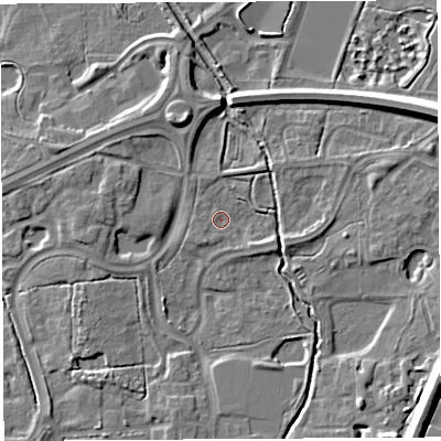 Shaded relief map of the ground around WA71QN, computed from Environment Agency LiDAR. The ground here sits at about 7 m above sea level and falls 9 m across the surrounding 800 m. Surface water reaching this point runs off ground lying to the east-south-east, 2.0 m higher.