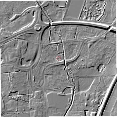 Shaded relief map of the ground around WA71QP, computed from Environment Agency LiDAR. The ground here sits at about 7 m above sea level and falls 11 m across the surrounding 800 m. Surface water reaching this point runs off ground lying to the south-east, 2.1 m higher.