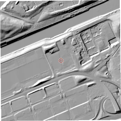 Shaded relief map of the ground around WA71QQ, computed from Environment Agency LiDAR. The ground here sits at about 13 m above sea level and falls 22 m across the surrounding 800 m. Surface water reaching this point runs off ground lying to the south-east, 0.6 m higher.