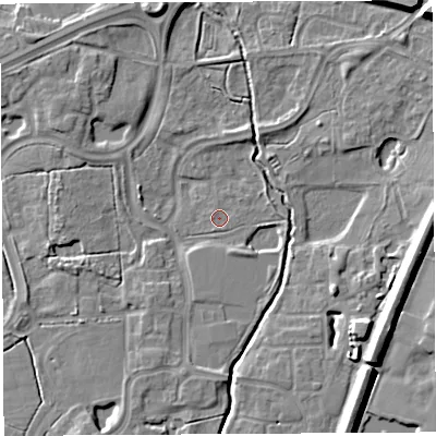 Shaded relief map of the ground around WA71QR, computed from Environment Agency LiDAR. The ground here sits at about 7 m above sea level and falls 10 m across the surrounding 800 m. Surface water reaching this point runs off ground lying to the south-south-west, 4.0 m higher.