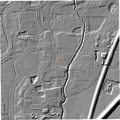 Shaded relief map of the ground around WA71QU, computed from Environment Agency LiDAR. The ground here sits at about 9 m above sea level and falls 18 m across the surrounding 800 m. Surface water reaching this point runs off ground lying to the south-south-east, 1.3 m higher.