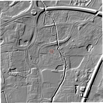 Shaded relief map of the ground around WA71QW, computed from Environment Agency LiDAR. The ground here sits at about 7 m above sea level and falls 11 m across the surrounding 800 m. Surface water reaching this point runs off ground lying to the south, 3.7 m higher.