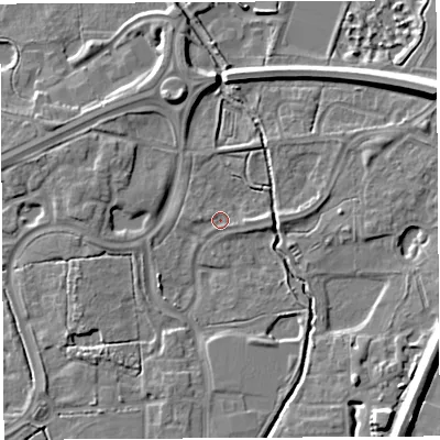 Shaded relief map of the ground around WA71QX, computed from Environment Agency LiDAR. The ground here sits at about 7 m above sea level and falls 10 m across the surrounding 800 m. Surface water reaching this point runs off ground lying to the east, 1.2 m higher.