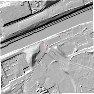 Shaded relief map of the ground around WA71RD, computed from Environment Agency LiDAR. The ground here sits at about 10 m above sea level and falls 31 m across the surrounding 800 m. Surface water reaching this point runs off ground lying to the south-east, 12.0 m higher.