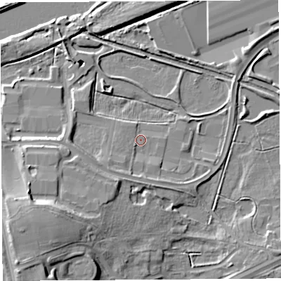 Shaded relief map of the ground around WA71RS, computed from Environment Agency LiDAR. The ground here sits at about 7 m above sea level and falls 22 m across the surrounding 800 m. Surface water reaching this point runs off ground lying to the south-west, 13.7 m higher.