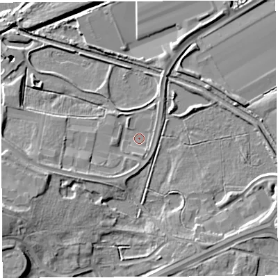 Shaded relief map of the ground around WA71RW, computed from Environment Agency LiDAR. The ground here sits at about 5 m above sea level and falls 16 m across the surrounding 800 m. Surface water reaching this point runs off ground lying to the south, 1.8 m higher.