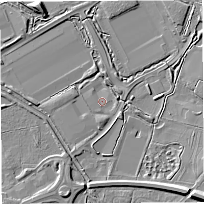 Shaded relief map of the ground around WA71SE, computed from Environment Agency LiDAR. The ground here sits at about 5 m above sea level and falls 13 m across the surrounding 800 m. Surface water reaching this point runs off ground lying to the south-south-east, 4.6 m higher.
