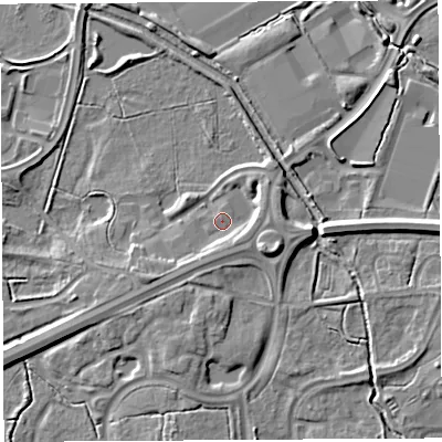 Shaded relief map of the ground around WA71SH, computed from Environment Agency LiDAR. The ground here sits at about 7 m above sea level and falls 6 m across the surrounding 800 m. Surface water reaching this point runs off ground lying to the south-west, 2.6 m higher.