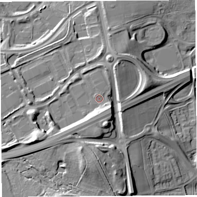 Shaded relief map of the ground around WA71SP, computed from Environment Agency LiDAR. The ground here sits at about 23 m above sea level and falls 24 m across the surrounding 800 m. Surface water reaching this point runs off ground lying to the south-south-east, 5.2 m higher.