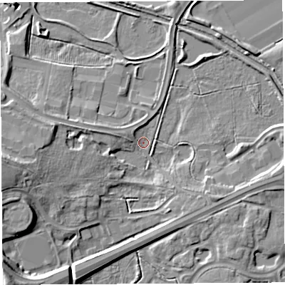 Shaded relief map of the ground around WA71TF, computed from Environment Agency LiDAR. The ground here sits at about 6 m above sea level and falls 24 m across the surrounding 800 m. Surface water reaching this point runs off ground lying to the south-west, 19.0 m higher.