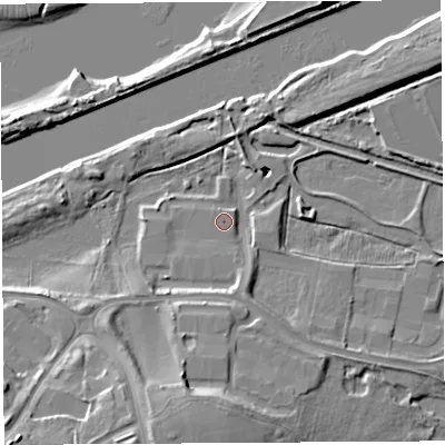 Shaded relief map of the ground around WA71TG, computed from Environment Agency LiDAR. The ground here sits at about 7 m above sea level and falls 20 m across the surrounding 800 m. Surface water reaching this point runs off ground lying to the south-south-east, 3.6 m higher.