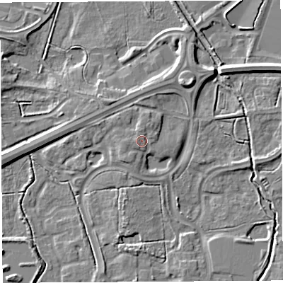 Shaded relief map of the ground around WA71UE, computed from Environment Agency LiDAR. The ground here sits at about 9 m above sea level and falls 6 m across the surrounding 800 m. Surface water reaching this point runs off ground lying to the north, 1.3 m higher.