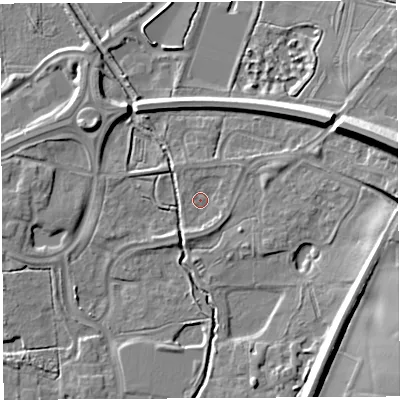 Shaded relief map of the ground around WA71UH, computed from Environment Agency LiDAR. The ground here sits at about 7 m above sea level and falls 15 m across the surrounding 800 m. Surface water reaching this point runs off ground lying to the east-north-east, 2.9 m higher.