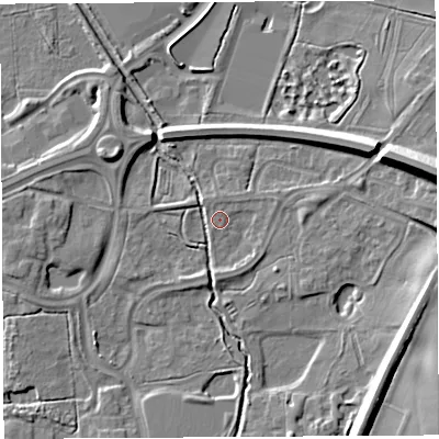 Shaded relief map of the ground around WA71UJ, computed from Environment Agency LiDAR. The ground here sits at about 7 m above sea level and falls 14 m across the surrounding 800 m. Surface water reaching this point runs off ground lying to the north-north-west, 0.9 m higher.