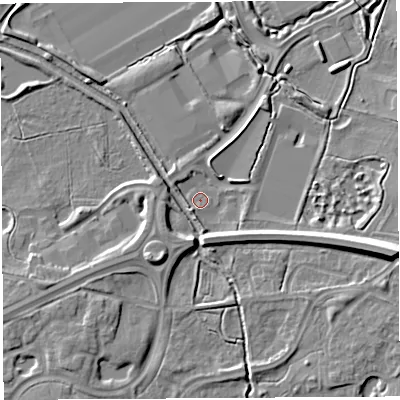 Shaded relief map of the ground around WA71UP, computed from Environment Agency LiDAR. The ground here sits at about 6 m above sea level and falls 10 m across the surrounding 800 m. Surface water reaching this point runs off ground lying to the east-south-east, 4.5 m higher.