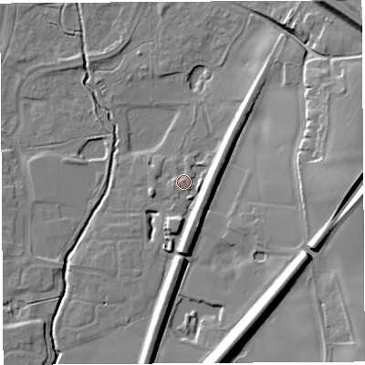 Shaded relief map of the ground around WA71UU, computed from Environment Agency LiDAR. The ground here sits at about 10 m above sea level and falls 20 m across the surrounding 800 m. Surface water reaching this point runs off ground lying to the south, 6.8 m higher.