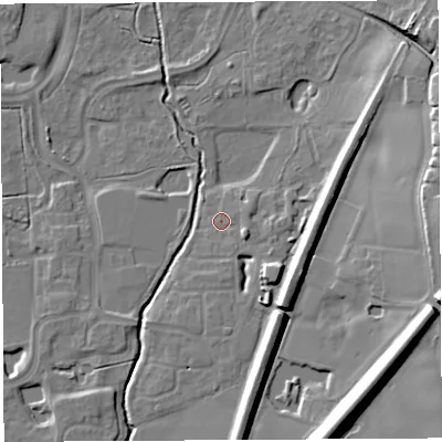 Shaded relief map of the ground around WA71UX, computed from Environment Agency LiDAR. The ground here sits at about 8 m above sea level and falls 17 m across the surrounding 800 m. Surface water reaching this point runs off ground lying to the south-east, 5.6 m higher.